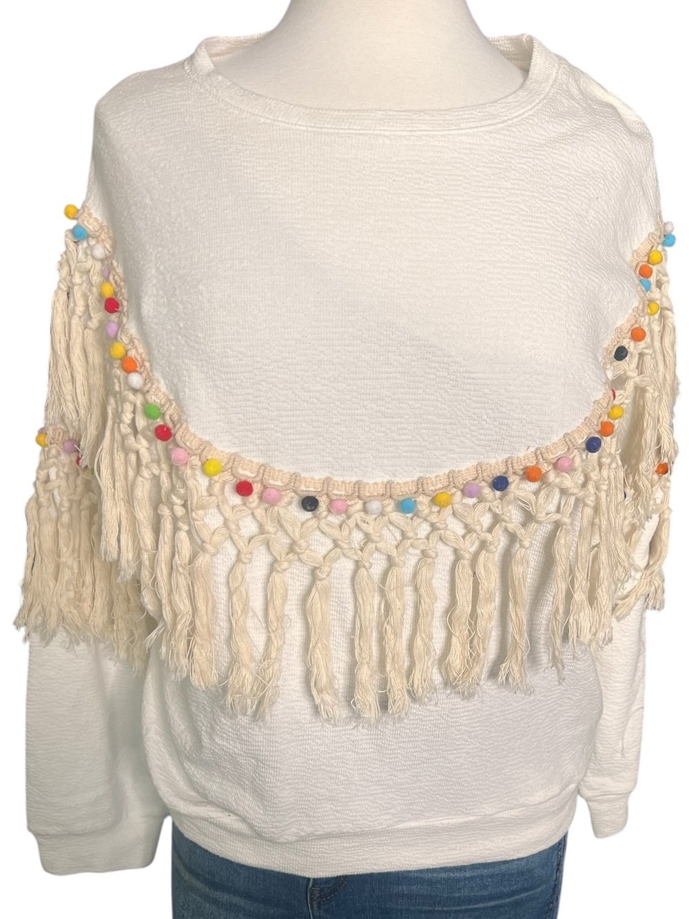 POL White with Colorful crochet fringe long sleeve Sweatshirt Cotton Top